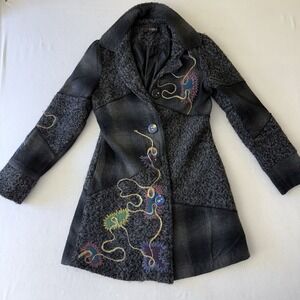 Kessley Womens Patchwork Wool Blend Coat Grey Plaid Boucle Embroidered Small